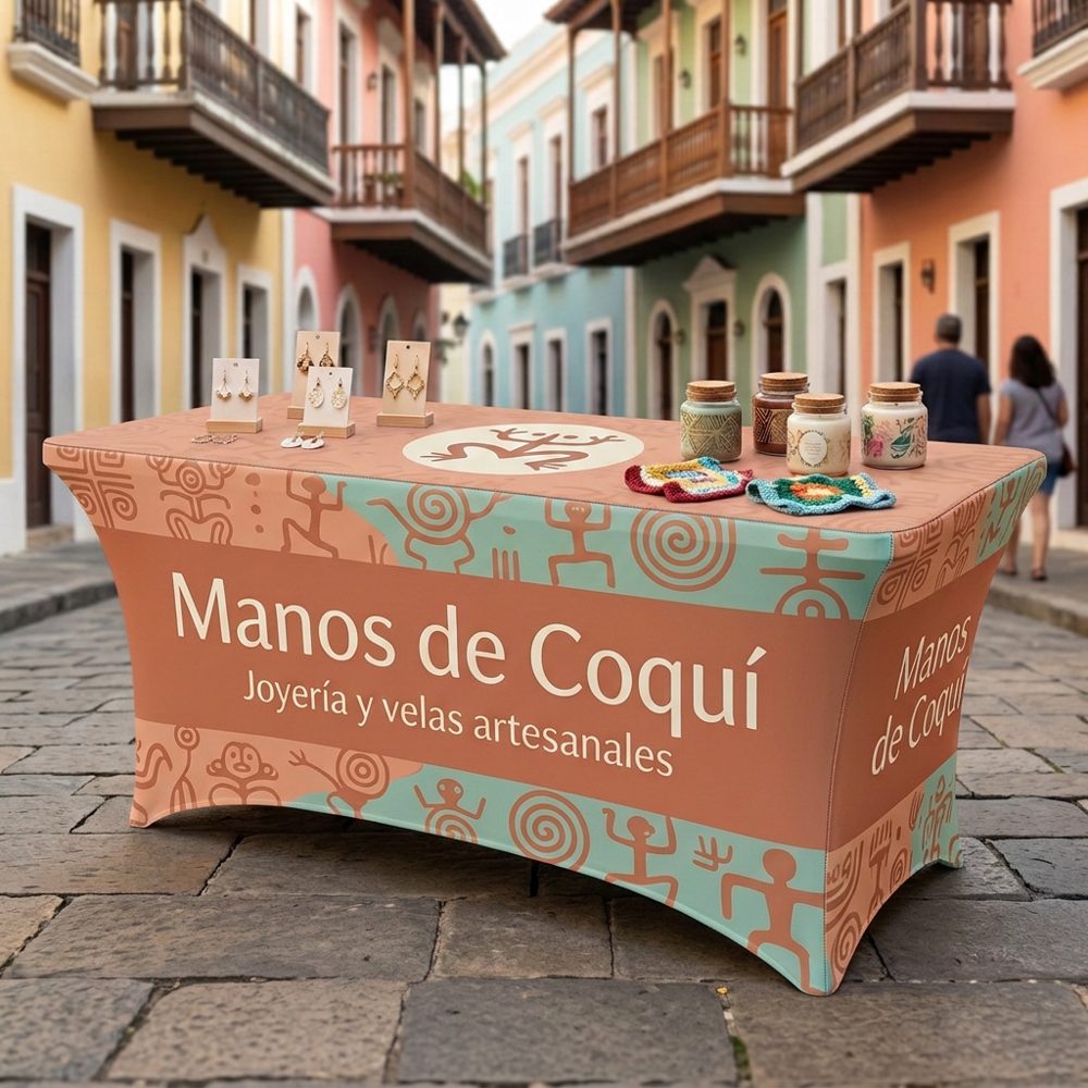 Mesa de artesanías con mantel