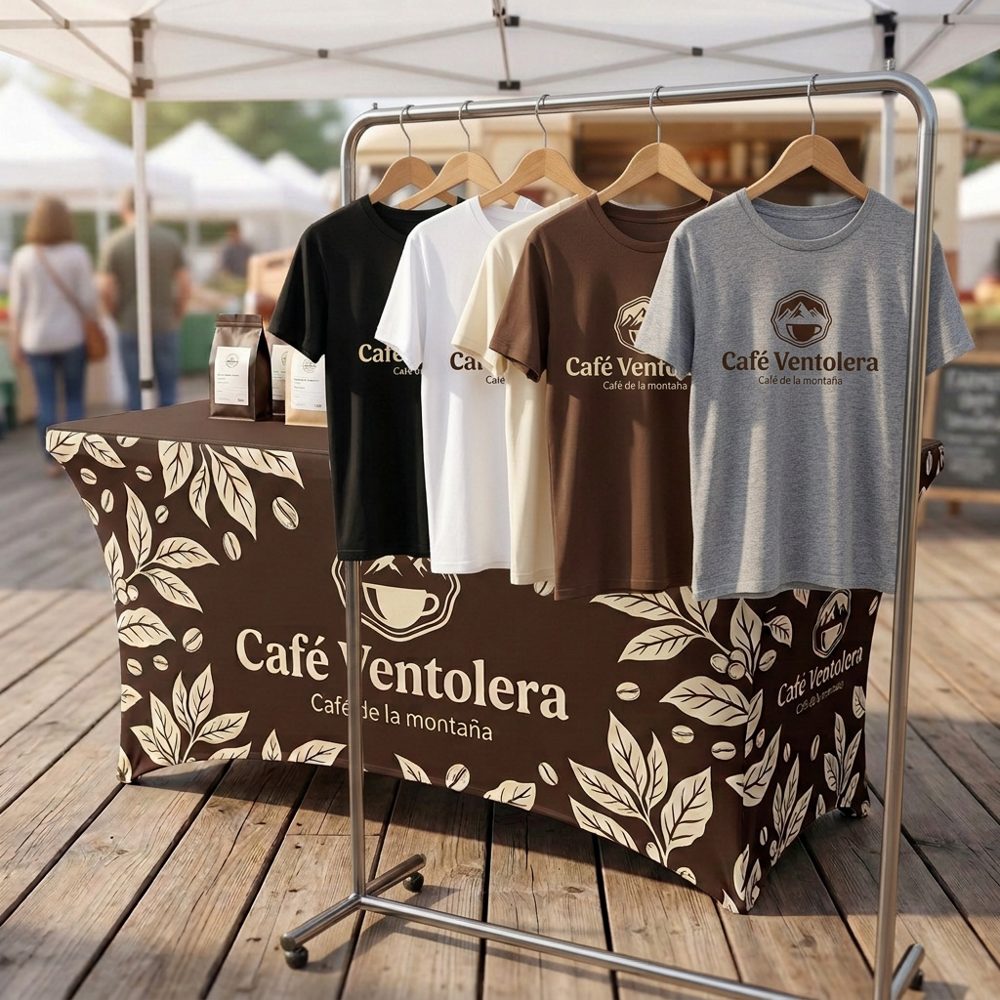 Camisas con el logo de un café junto a su mantel