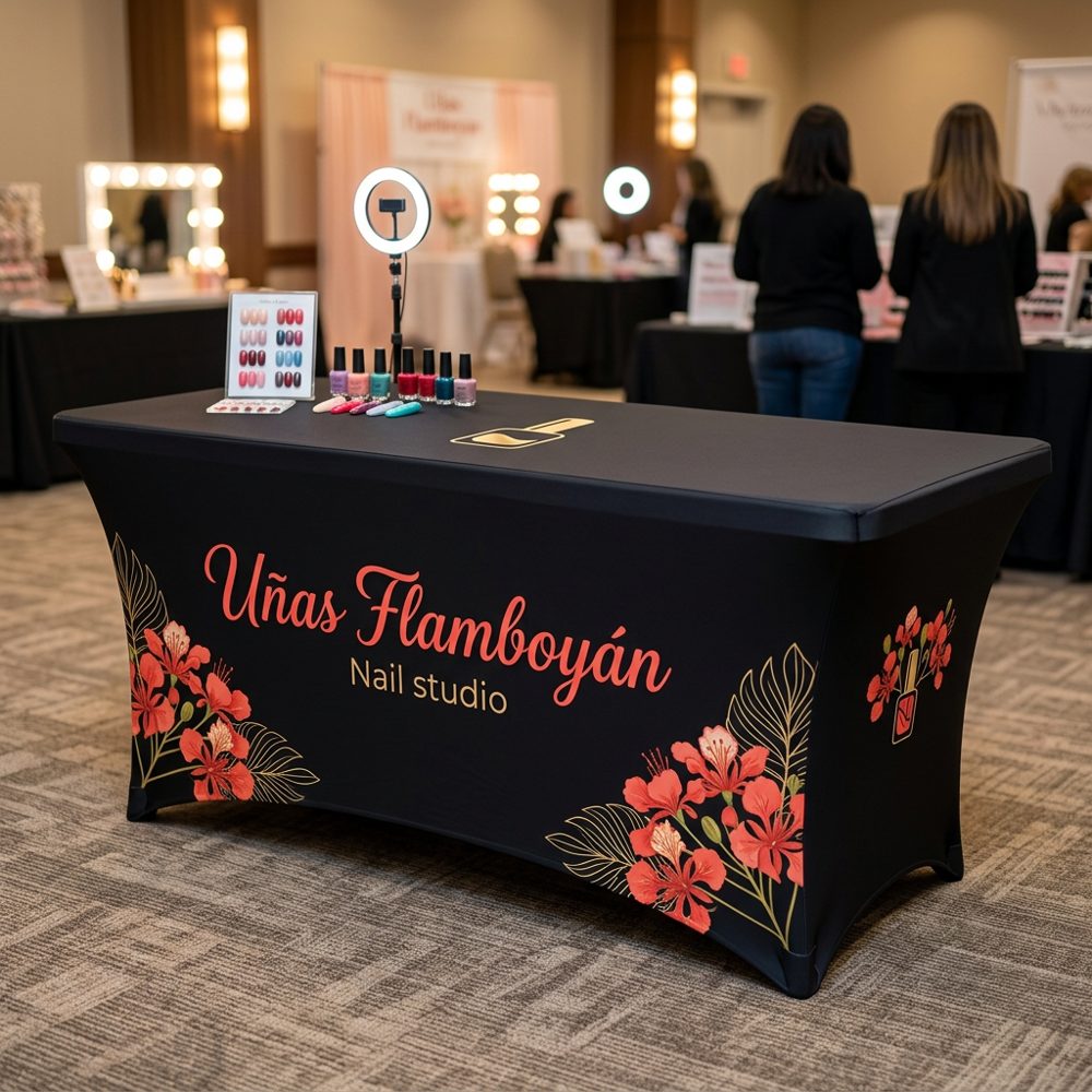 Mesa de salón de uñas con mantel negro